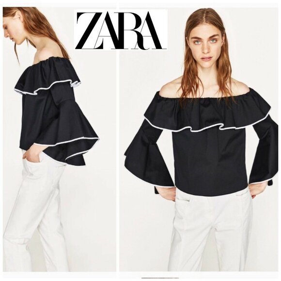Zara Black Poplin Ruffle Off The Shoulder Top, NWT, XS - Picture 1 of 11